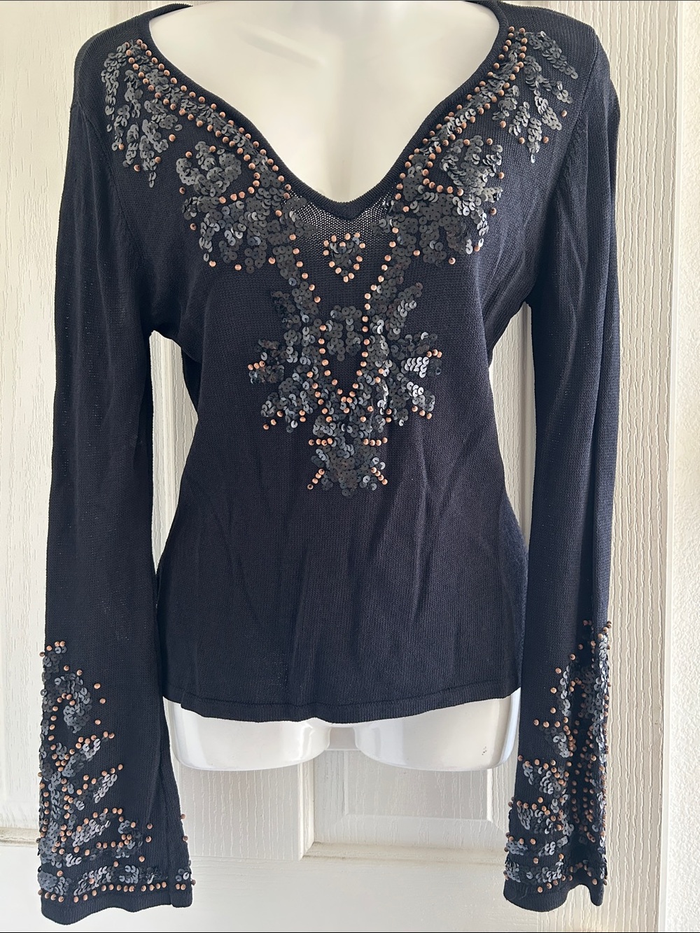 Michelle Nicole Black Long-Sleeve V-Neck Top with Copper Accents